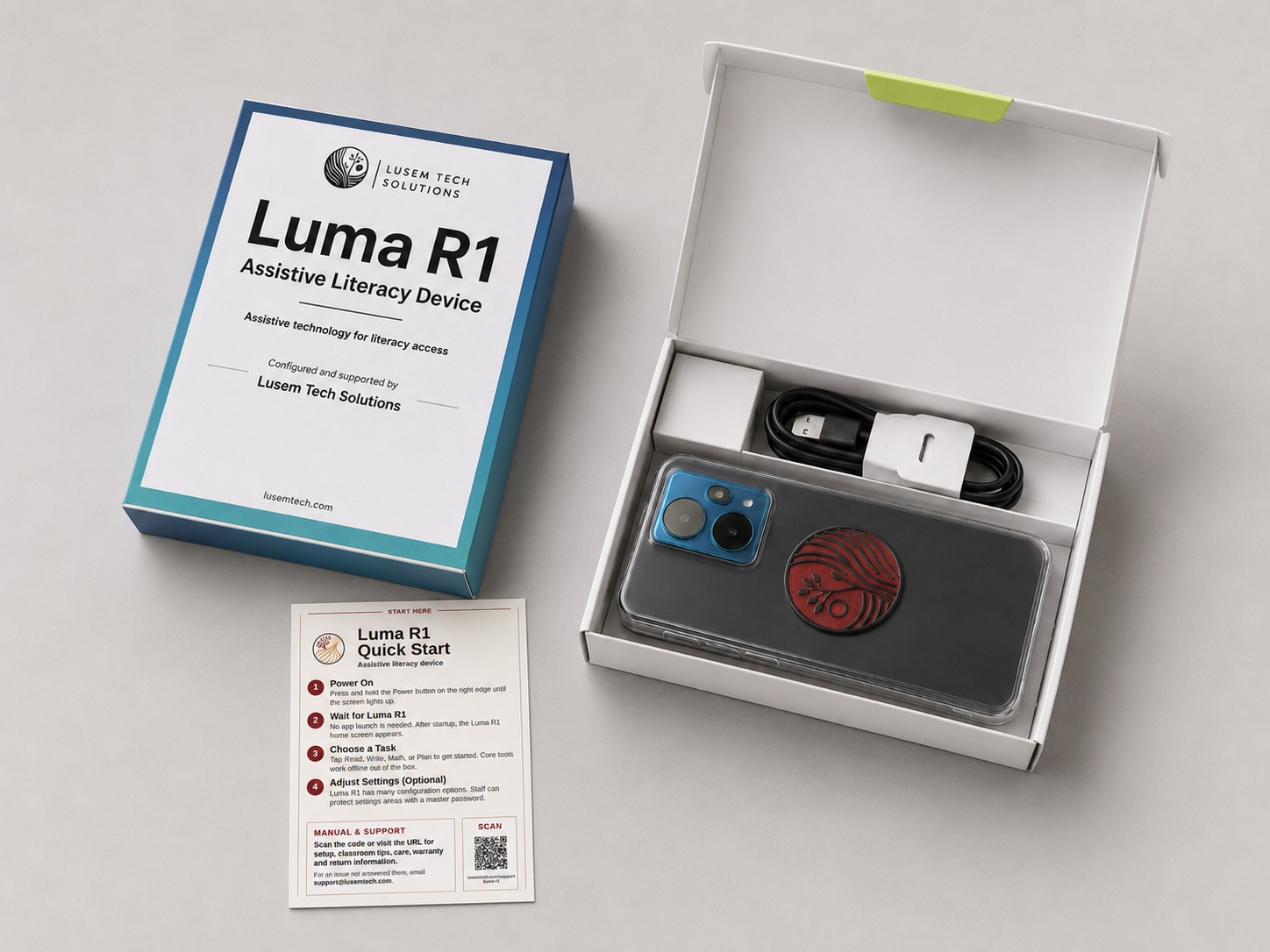 Open Luma R1 package with the device, charging cable, power adapter, and quick-start guide