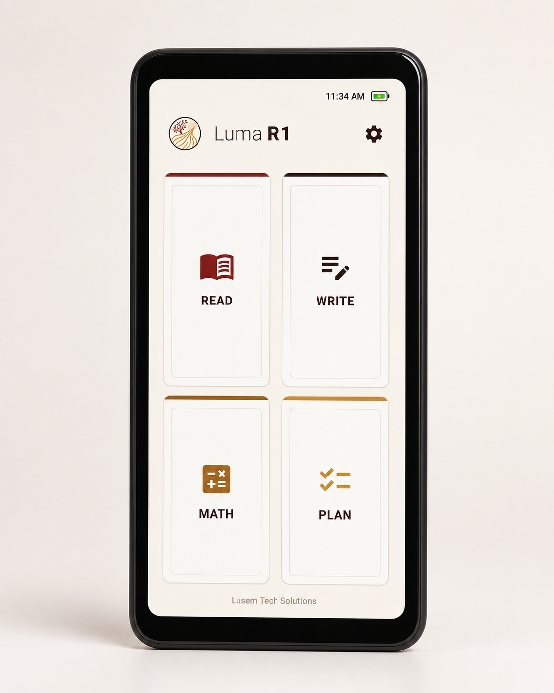Front view of the Luma R1 displaying the LumaRead2 home screen with Read, Write, Math, and Plan tools