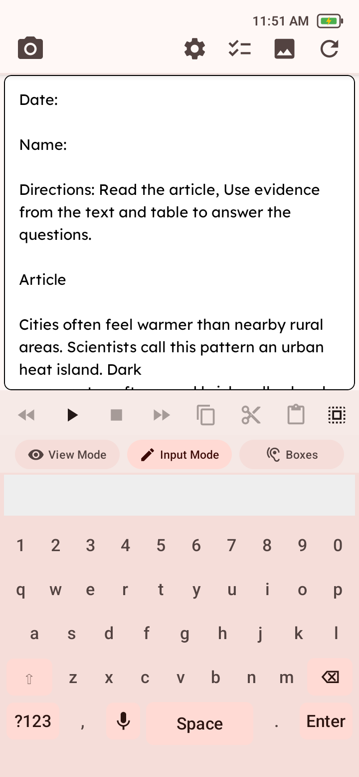 Luma R1 Write Input Mode showing recognized text, word predictions, microphone, and on-screen keyboard